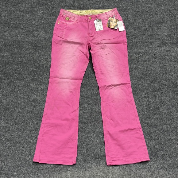 Dereon Pants Womens 9/10 Fuchsia Pink Flare Gold Embellished Denim Y2K NWT - Picture 1 of 16